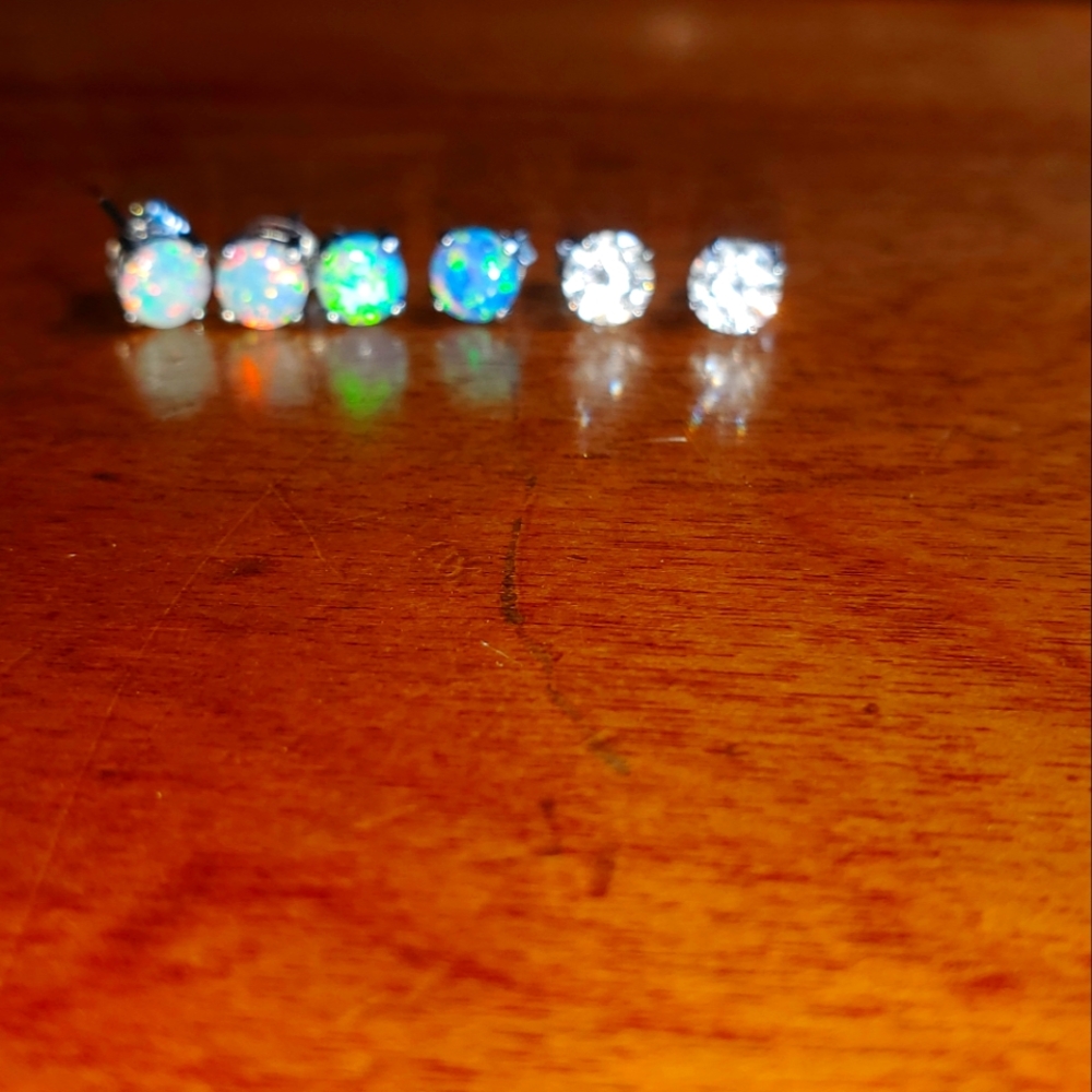 Sterling silv & lab created opal & cz stud earri